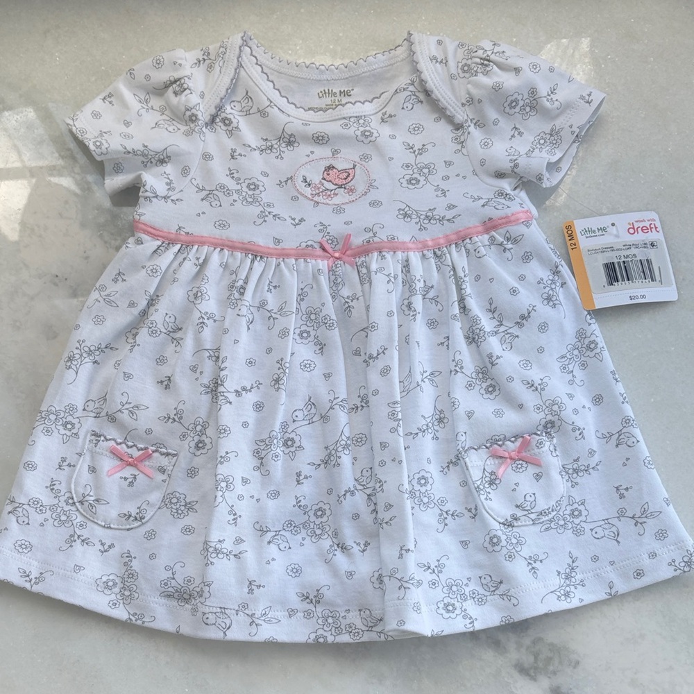 Little Me White Dress with Gray Floral and Pink Trim
